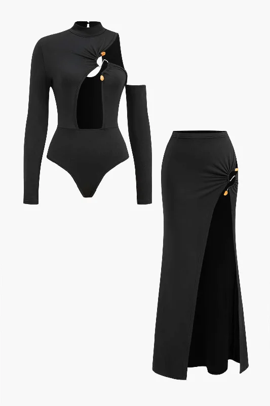 High - Neck Maxi Dresses for a Modest LookCutout Bodysuit And High-Slit Skirt Set