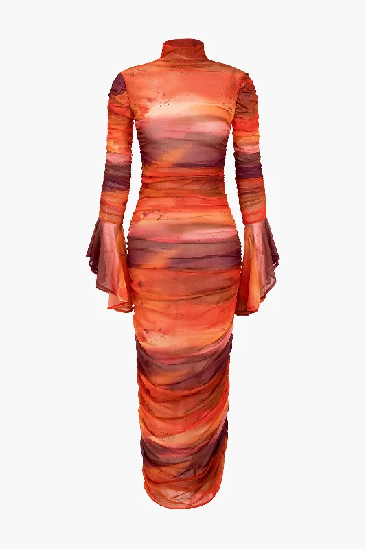 Maxi Dresses with Ethnic Embroidery for Cultural EventsTie Dye Mesh Ruched Bell Sleeve Maxi Dress Maxi Dresses with Ethnic Embroidery for Cultural EventsTie Dye Mesh Ruched Bell Sleeve Maxi Dress