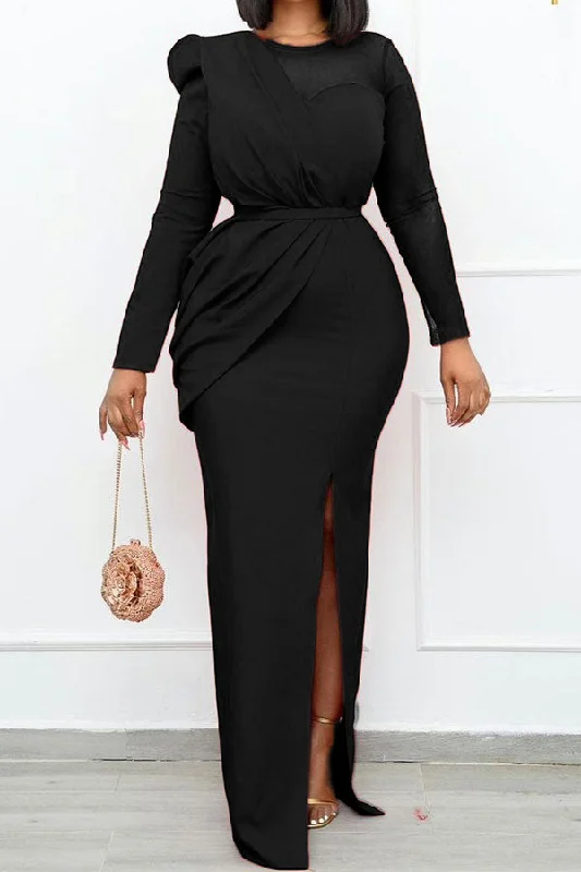 Maxi Dresses for Office - Appropriate Summer PartiesMesh Patchwork Glamorous Ruched Design High Split Belted Maxi Dress Maxi Dresses for Office - Appropriate Summer PartiesMesh Patchwork Glamorous Ruched Design High Split Belted Maxi Dress