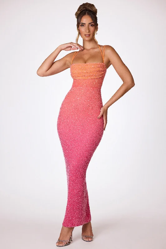 Elegant Silk Maxi Dresses with High SlitsEmbellished Maxi Dress in Red and Orange Ombré