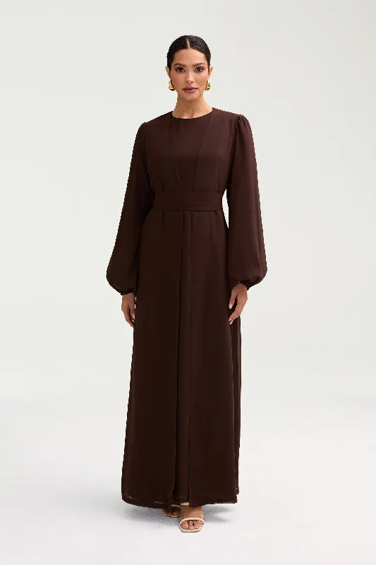 Preppy - Style Pleated Maxi Dresses for School EventsNajma Chiffon Abaya & Dress Set - Cocoa Brown Preppy - Style Pleated Maxi Dresses for School EventsNajma Chiffon Abaya & Dress Set - Cocoa Brown
