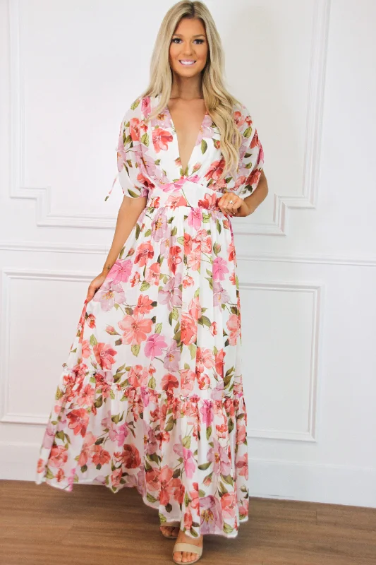 Backless Maxi Dresses for a Bold StatementNew Blossoms Floral Maxi Dress: White Multi Backless Maxi Dresses for a Bold StatementNew Blossoms Floral Maxi Dress: White Multi