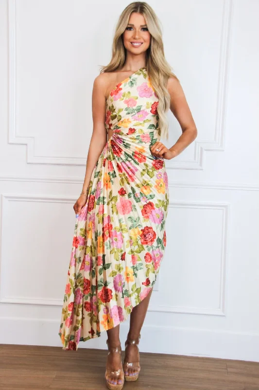 Maxi Dresses for Office - Appropriate Summer PartiesNovelle One Shoulder Pleated Asymmetrical Maxi Dress: Romantic Garden Taupe Floral Maxi Dresses for Office - Appropriate Summer PartiesNovelle One Shoulder Pleated Asymmetrical Maxi Dress: Romantic Garden Taupe Floral