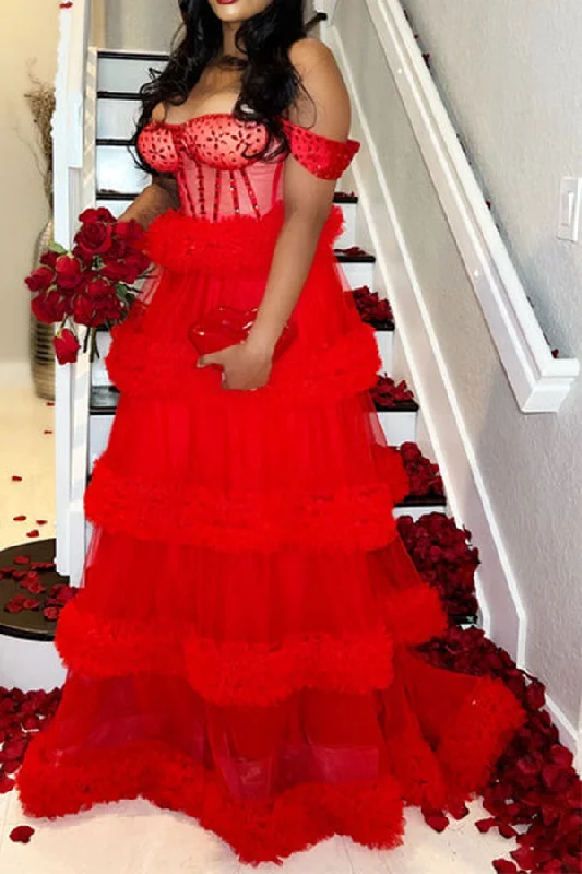 Long - Line Maxi Dresses with a Cape - Like DesignPatchwork Rhinestone Romantic Tulle Tiered Maxi Dress Long - Line Maxi Dresses with a Cape - Like DesignPatchwork Rhinestone Romantic Tulle Tiered Maxi Dress