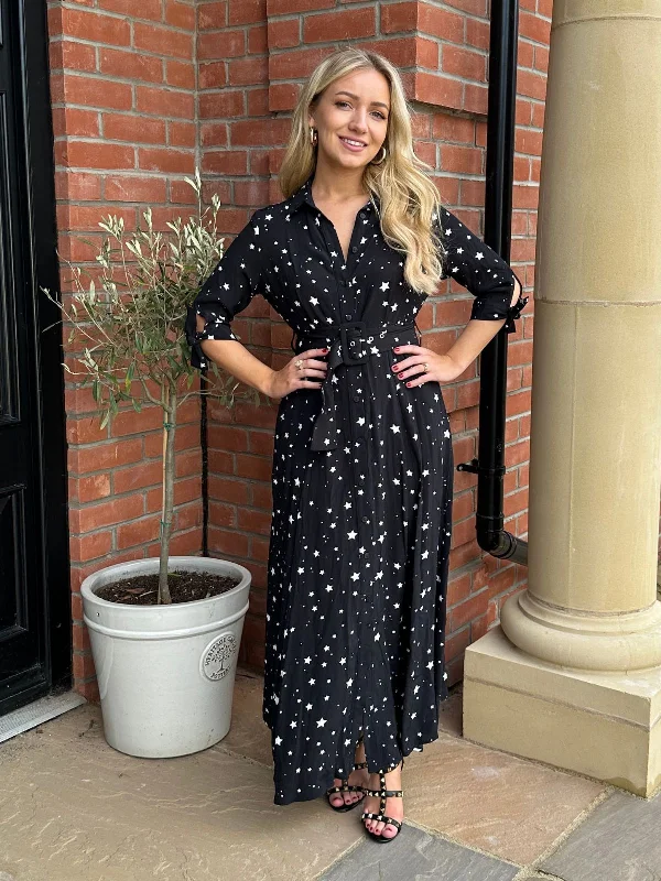 Fiery Red Maxi Dresses for a Dramatic LookPetite Daphne Belted Shirt Dress / Black and White Star Print Fiery Red Maxi Dresses for a Dramatic LookPetite Daphne Belted Shirt Dress / Black and White Star Print