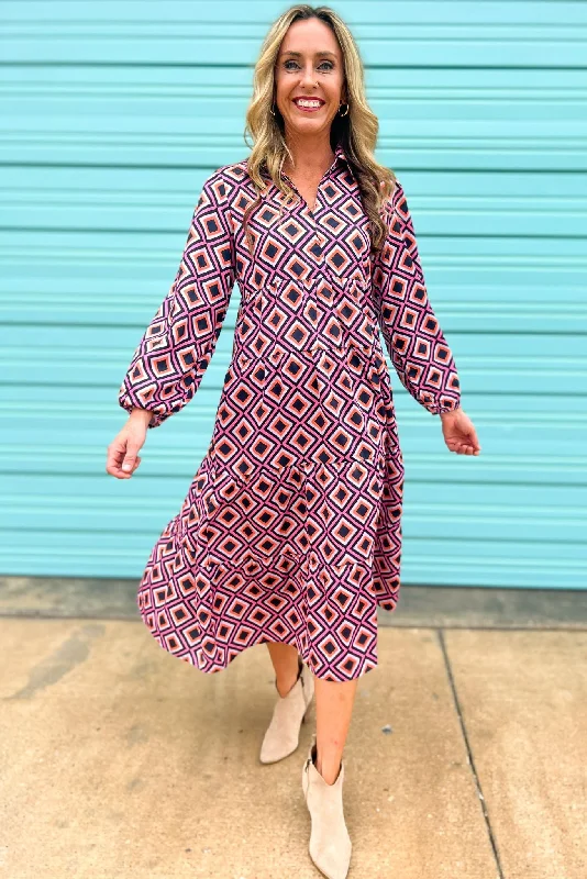 Maxi Dresses with Side Slits for Easy MovementPink Geometric Long Sleeve Collared Maxi Dress SSYS The Label Maxi Dresses with Side Slits for Easy MovementPink Geometric Long Sleeve Collared Maxi Dress SSYS The Label