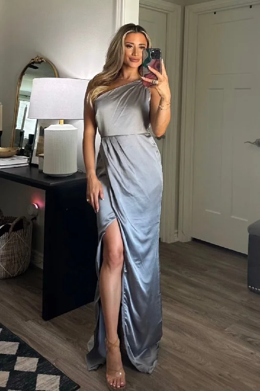 Maxi Dresses with Tropical Floral Prints for a Beachy LookPower of Love Satin One Shoulder Maxi Dress: Silver