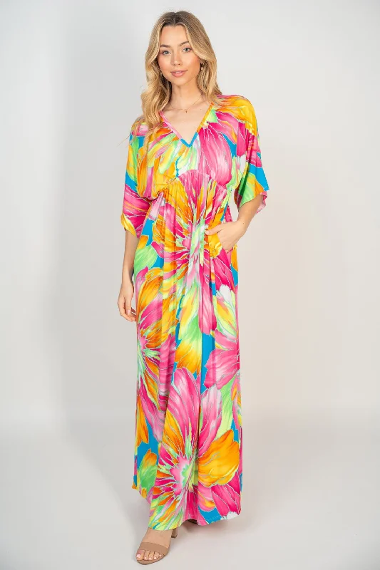 Maxi Dresses for Engagement PartiesPrinted V-Neck Maxi Dress with Pockets