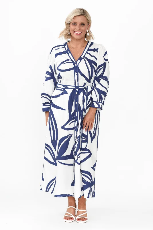 Retro - Style Bubble - Sleeve Maxi DressesPriya Navy Floral Cotton Poplin Dress