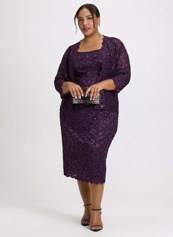 Maxi Dresses with Double - Layered Skirts for a Flowing EffectScalloped Hem Jacket & Lace Sequin Dress Set Maxi Dresses with Double - Layered Skirts for a Flowing EffectScalloped Hem Jacket & Lace Sequin Dress Set