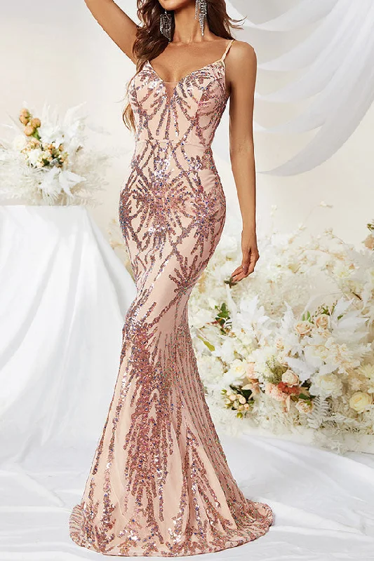 Maxi Dresses for Company Annual MeetingsSequined Luxe V Neck Fishtail Maxi Dress