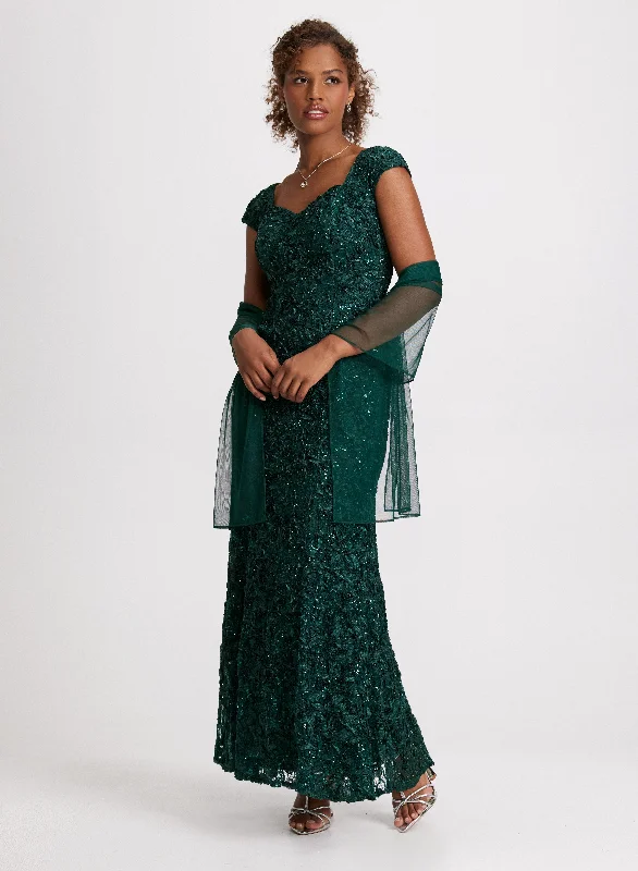 Maxi Dresses with Long - Sleeve Lace Inserts for a Romantic LookSoutache Detail Dress & Shawl Maxi Dresses with Long - Sleeve Lace Inserts for a Romantic LookSoutache Detail Dress & Shawl
