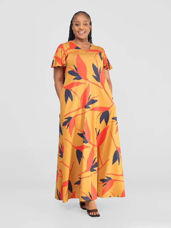 Maxi Dresses with Botanical Prints for a Natural and Fresh LookRuwa Flounce Sleeve Tent Maxi Dress - Mustard / Orange Mizan Print Maxi Dresses with Botanical Prints for a Natural and Fresh LookRuwa Flounce Sleeve Tent Maxi Dress - Mustard / Orange Mizan Print