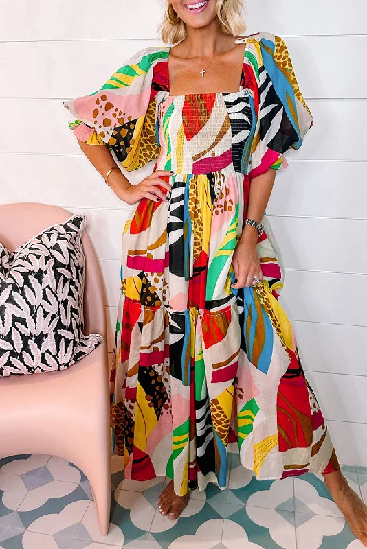 Cool Leather Maxi Dresses for a Rock - Chic StyleAbstract Puff Sleeve Maxi Dress