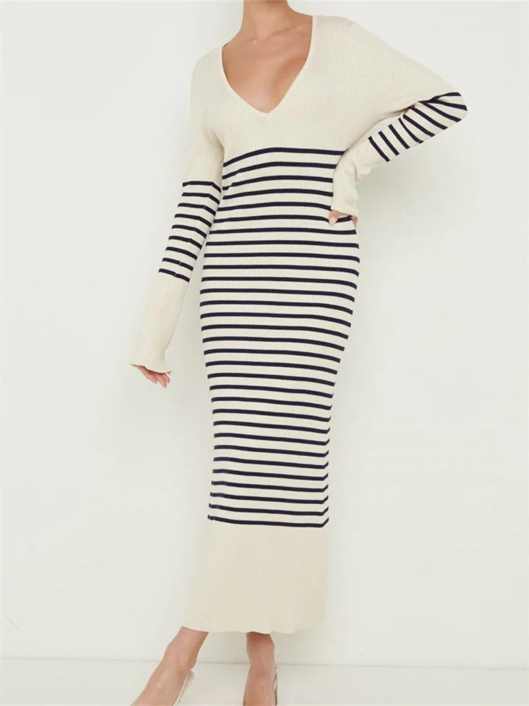 Maxi Dresses Embellished with Pearls for EleganceAmy Fashion - Women Knitted Sleeve Deep V Neck Striped Slim Fit Spring Autumn Female Vestidos Streetwear Maxi Dresses Embellished with Pearls for EleganceAmy Fashion - Women Knitted Sleeve Deep V Neck Striped Slim Fit Spring Autumn Female Vestidos Streetwear