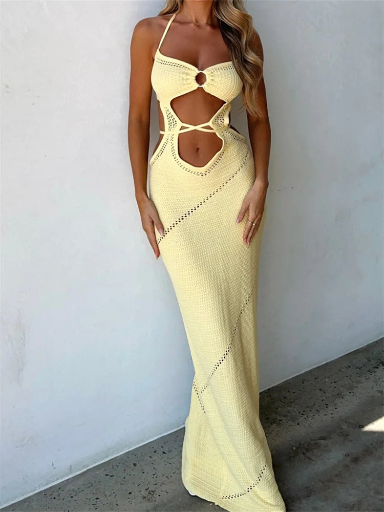 High - Waisted Maxi Dresses to Create Long Leg LinesAmy Fashion - Women Sleeveless Halter Knitted Solid Color Front Cutout Backless Tie-Up Slim Beach Summer Vestidos High - Waisted Maxi Dresses to Create Long Leg LinesAmy Fashion - Women Sleeveless Halter Knitted Solid Color Front Cutout Backless Tie-Up Slim Beach Summer Vestidos