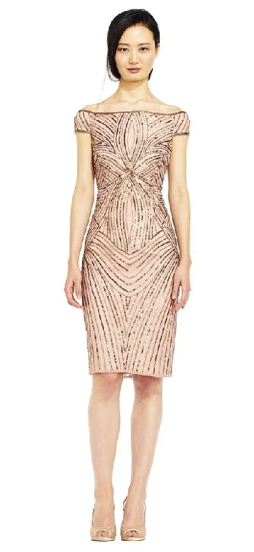 Sleeveless Party Dresses with Sequined Neckline for Ladies' Glamorous AppealAdrianna Papell - Sequined Off-Shoulder Sheath Dress AP1E201100 Sleeveless Party Dresses with Sequined Neckline for Ladies' Glamorous AppealAdrianna Papell - Sequined Off-Shoulder Sheath Dress AP1E201100