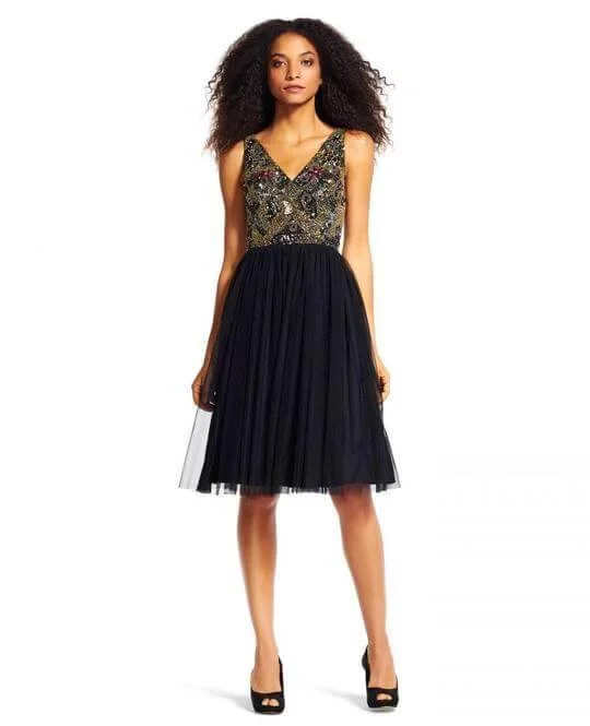 Party Dresses with Sequined Hearts and Ruffled Hem and Satin and Lace Combo and Bow at the Waist for Ladies' Romantic and Sweet LookAdrianna Papell AP1E200305 Short Sleeveless Cocktail Party Dress Party Dresses with Sequined Hearts and Ruffled Hem and Satin and Lace Combo and Bow at the Waist for Ladies' Romantic and Sweet LookAdrianna Papell AP1E200305 Short Sleeveless Cocktail Party Dress