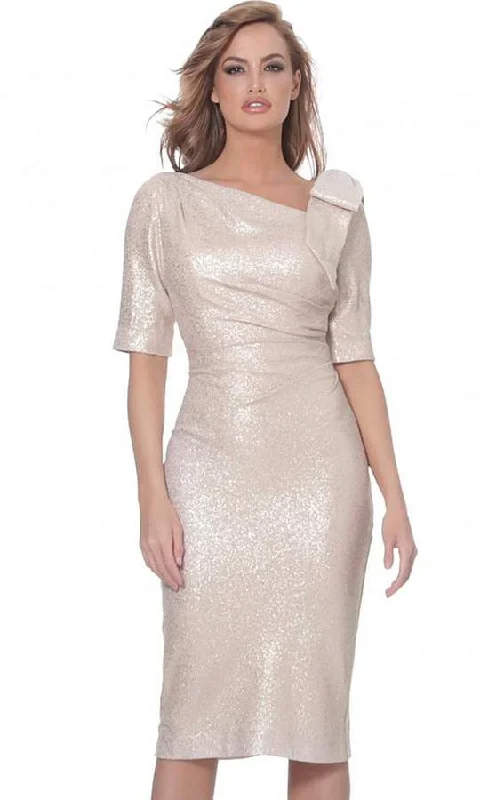 Party Dresses with Sheer Panels and Sequined Trim for Ladies' Sultry and Sparkly LookJovani - Asymmetric Neck Knee Length Fitted Dress 03641SC - 1 pc Light Gold In Size 4 Available Party Dresses with Sheer Panels and Sequined Trim for Ladies' Sultry and Sparkly LookJovani - Asymmetric Neck Knee Length Fitted Dress 03641SC - 1 pc Light Gold In Size 4 Available