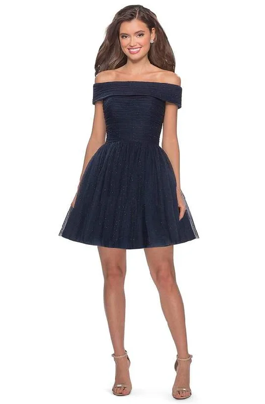 Party Dresses with Tulle Overlay and Beaded Bodice and High Low Hem for Ladies' Dramatic and Graceful LookLa Femme - Off Shoulder Pleated A-Line Dress 28234SC - 1 pc Navy In Size 8 Available Party Dresses with Tulle Overlay and Beaded Bodice and High Low Hem for Ladies' Dramatic and Graceful LookLa Femme - Off Shoulder Pleated A-Line Dress 28234SC - 1 pc Navy In Size 8 Available