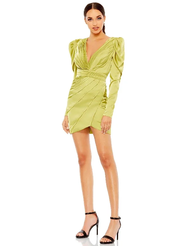 Party Dresses with Satin and Lace Trimmed Neckline and Ruffled Sleeves and Embroidered Skirt for Ladies' Sophisticated and Intricate LookMac Duggal 26380 Long Sleeve Short Cocktail Dress Party Dresses with Satin and Lace Trimmed Neckline and Ruffled Sleeves and Embroidered Skirt for Ladies' Sophisticated and Intricate LookMac Duggal 26380 Long Sleeve Short Cocktail Dress