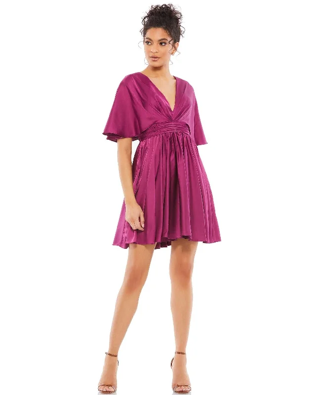 Party Dresses with Metallic Sequined Bodice and Chiffon Skirt and Ruffled Hem for Ladies' Glamorous and Flirty LookMac Duggal 26605 Short Cape Sleeve Satin Dress Party Dresses with Metallic Sequined Bodice and Chiffon Skirt and Ruffled Hem for Ladies' Glamorous and Flirty LookMac Duggal 26605 Short Cape Sleeve Satin Dress