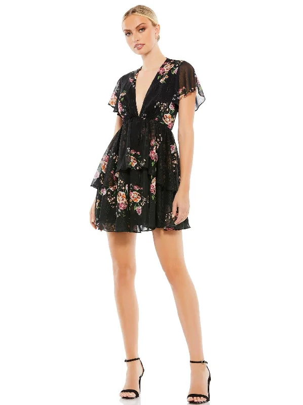 Party Dresses with Bell Sleeves and Ruffled Hem for Ladies' Retro CharmMac Duggal 55673 Short Floral Print Cocktail Dress Party Dresses with Bell Sleeves and Ruffled Hem for Ladies' Retro CharmMac Duggal 55673 Short Floral Print Cocktail Dress