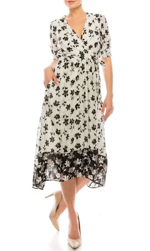 Chiffon Party Dresses with Embroidered Cuffs for Ladies' Elegant TouchMaison Tara - 95014M Floral Print V Neck Faux Wrap Dress Chiffon Party Dresses with Embroidered Cuffs for Ladies' Elegant TouchMaison Tara - 95014M Floral Print V Neck Faux Wrap Dress