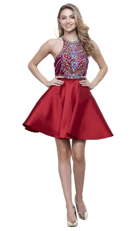 Party Dresses with Sequined Geometric Shapes and Lace and Chiffon Blend for Ladies' Modern and Feminine LookNox Anabel - 6251 Bejeweled Illusion Halter Satin Dress Party Dresses with Sequined Geometric Shapes and Lace and Chiffon Blend for Ladies' Modern and Feminine LookNox Anabel - 6251 Bejeweled Illusion Halter Satin Dress