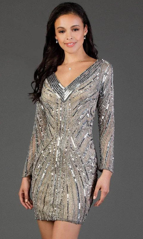 Party Dresses with Tassel Hem and Metallic Lace for Ladies' Boho and Luxurious LookSCALA - Sequined Long Sleeve V-neck Sheath Dress 60056 - 1 pc Lead/Sil In Size 12 Available Party Dresses with Tassel Hem and Metallic Lace for Ladies' Boho and Luxurious LookSCALA - Sequined Long Sleeve V-neck Sheath Dress 60056 - 1 pc Lead/Sil In Size 12 Available