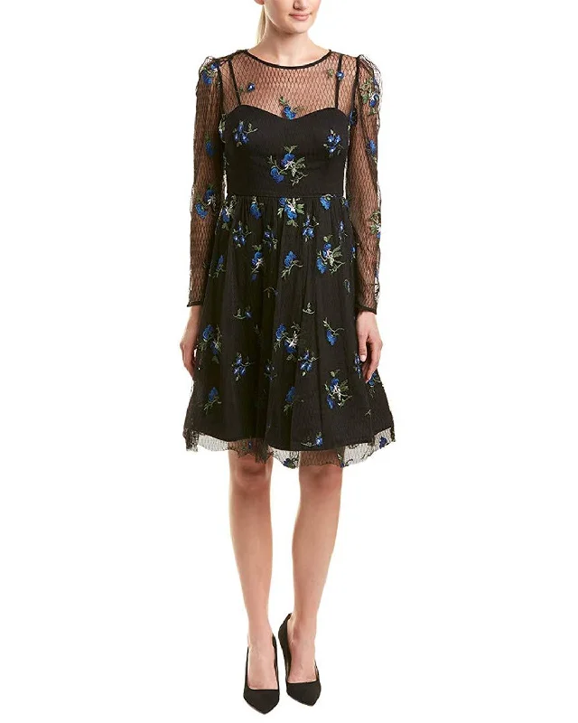 Party Dresses with Embroidered Birds and Sequined Floral Motifs and Satin and Lace Combo for Ladies' Nature Inspired and Romantic LookTaylor - 9862M Knee Length Puff Sleeve Illusion Embroidered Dress Party Dresses with Embroidered Birds and Sequined Floral Motifs and Satin and Lace Combo for Ladies' Nature Inspired and Romantic LookTaylor - 9862M Knee Length Puff Sleeve Illusion Embroidered Dress