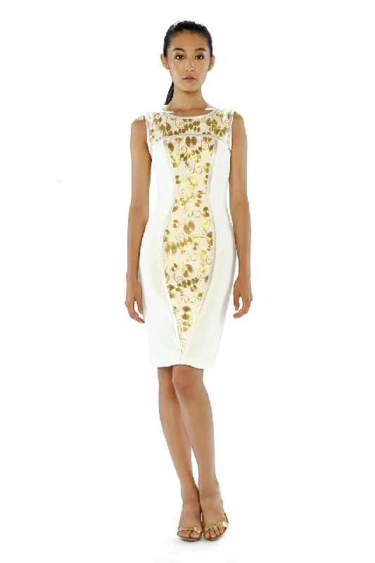Party Dresses with Sheer Sleeve and Sequined Cuffs and Bow at the Waist and Embroidered Skirt for Ladies' Elegant and Intricate LookTheia - 882391 Gilded Embroidered Sheath Cocktail Dress Party Dresses with Sheer Sleeve and Sequined Cuffs and Bow at the Waist and Embroidered Skirt for Ladies' Elegant and Intricate LookTheia - 882391 Gilded Embroidered Sheath Cocktail Dress