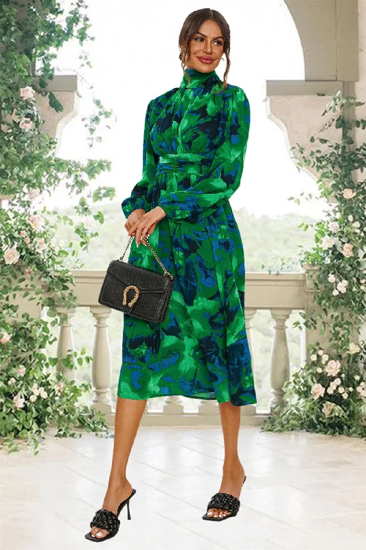 Wrap - around midi dress for a flattering and adjustable fitAbstract Floral Print Long Sleeve Midi Dress In Green Wrap - around midi dress for a flattering and adjustable fitAbstract Floral Print Long Sleeve Midi Dress In Green