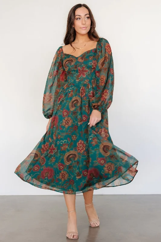 Midi dress for outdoor adventures such as hiking and campingBabette Basque Waist Dress | Teal Multi Floral Midi dress for outdoor adventures such as hiking and campingBabette Basque Waist Dress | Teal Multi Floral