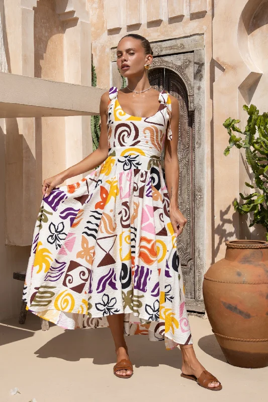 High - waisted pleated midi dress for a trendy and stylish appearanceBay Multicolour Abstract High Low Midi Dress High - waisted pleated midi dress for a trendy and stylish appearanceBay Multicolour Abstract High Low Midi Dress