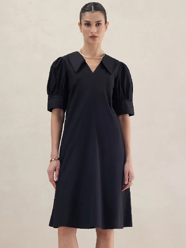 Knee - length midi dress for a versatile and appropriate lengthBlack Cotton Poplin V Neck Midi Dress Knee - length midi dress for a versatile and appropriate lengthBlack Cotton Poplin V Neck Midi Dress
