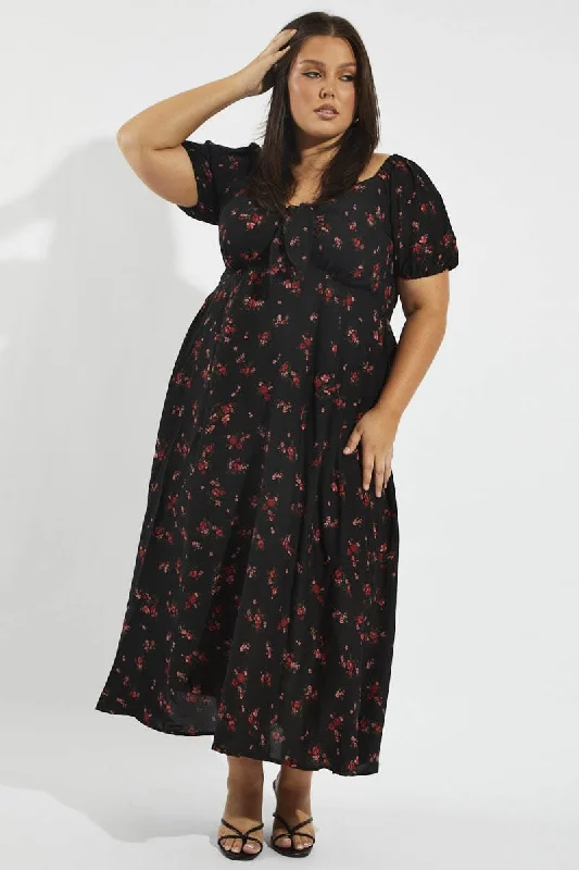Split - hem midi dress for added mobility and a trendy styleBlack Floral Puff Sleeve Midi Dress Tie Front Split - hem midi dress for added mobility and a trendy styleBlack Floral Puff Sleeve Midi Dress Tie Front