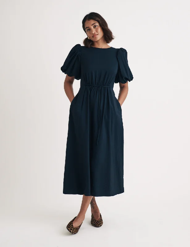 High - waisted pleated midi dress for a trendy and stylish appearanceBlack Puff Sleeve Thora Midi Dress High - waisted pleated midi dress for a trendy and stylish appearanceBlack Puff Sleeve Thora Midi Dress