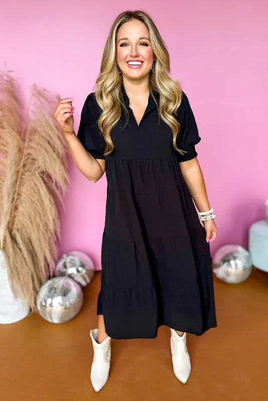 Midi dress for a barbecue with friends and familyBlack Smocked Cuff Short Sleeve Collared Tiered Dress Midi dress for a barbecue with friends and familyBlack Smocked Cuff Short Sleeve Collared Tiered Dress