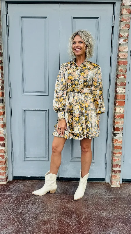 ruffled hem mini dressesBlack w/ Gold Floral Shimmer Mini