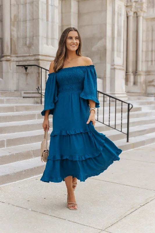 Midi dress for travel due to its versatility and durabilityBlue Off The Shoulder Tiered Midi Dress - FINAL SALE Midi dress for travel due to its versatility and durabilityBlue Off The Shoulder Tiered Midi Dress - FINAL SALE