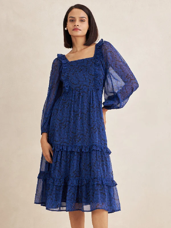Puff - sleeve midi dress for a feminine and voluminous styleBlue Printed Tiered Midi Dress Puff - sleeve midi dress for a feminine and voluminous styleBlue Printed Tiered Midi Dress