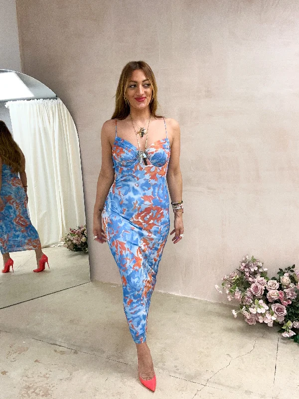 Satin midi dress for a smooth and shiny finishBodice Midi Dress In Blue/Orange Floral Satin midi dress for a smooth and shiny finishBodice Midi Dress In Blue/Orange Floral
