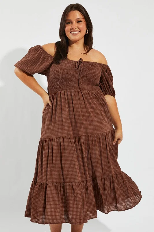 Off - the - shoulder midi dress for a flirty and romantic lookBrown Midi Dress Short Sleeve Shirred Check Off - the - shoulder midi dress for a flirty and romantic lookBrown Midi Dress Short Sleeve Shirred Check