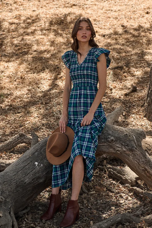 Wrap - style midi dress with a customizable fitBuckley Plaid Sunfire Smocked Bodice Tiered Midi Dress Wrap - style midi dress with a customizable fitBuckley Plaid Sunfire Smocked Bodice Tiered Midi Dress