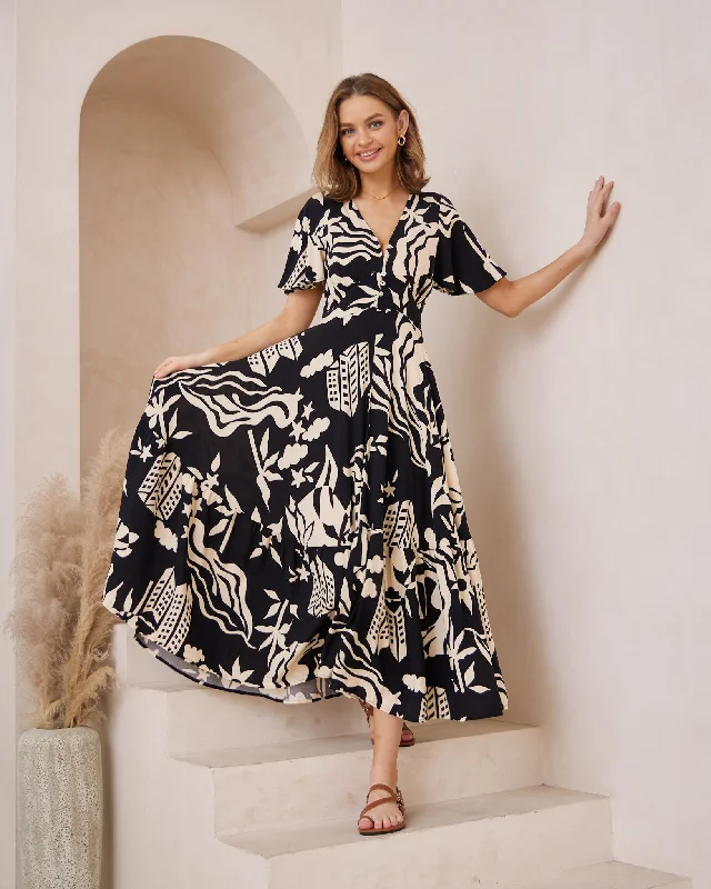 Midi dress for a school event such as a sports day or field tripCali Black Abstract V-Neck Midi Dress Midi dress for a school event such as a sports day or field tripCali Black Abstract V-Neck Midi Dress