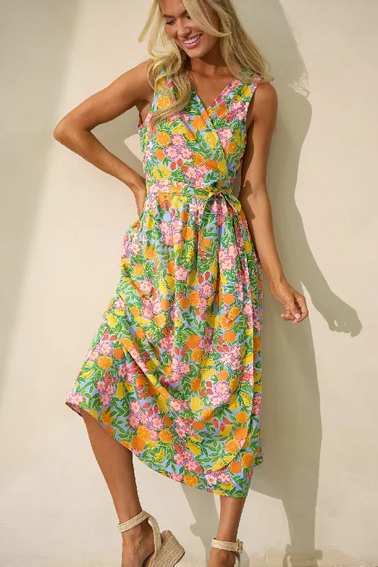 Midi dress for a family gathering in a casual settingCitrus Bloom Sky Blue Multi Print Midi Wrap Dress Midi dress for a family gathering in a casual settingCitrus Bloom Sky Blue Multi Print Midi Wrap Dress