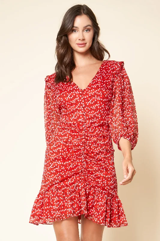button down mini dressesCleo Floral Print Ruched Ruffle Dress