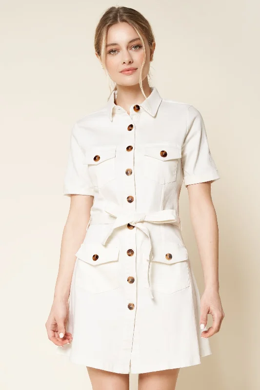 white mini dressesClose Call Utility Button Up Mini Dress