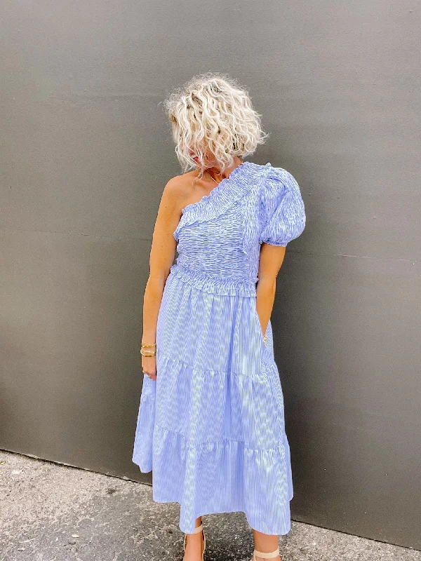 belted mini dressesSmock Blue One Shoulder